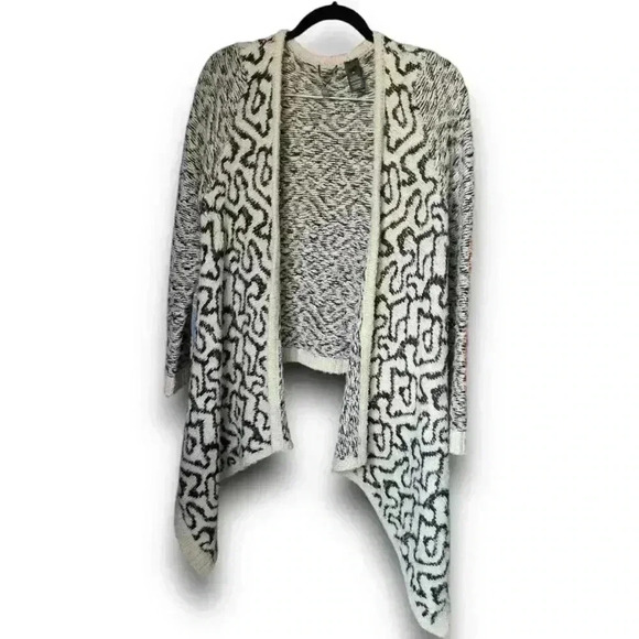 Wool blend knit open front cardigan geometric artsy pattern sweater waterfall m - Picture 2 of 8